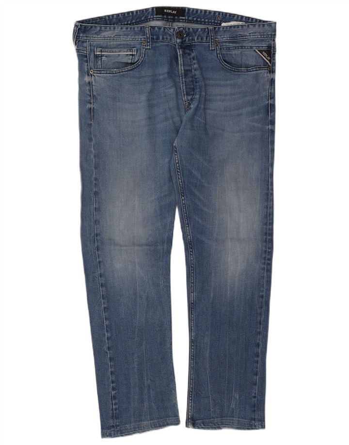 REPLAY Herren Straight Jeans W38 L29 Blaue Baumwolle