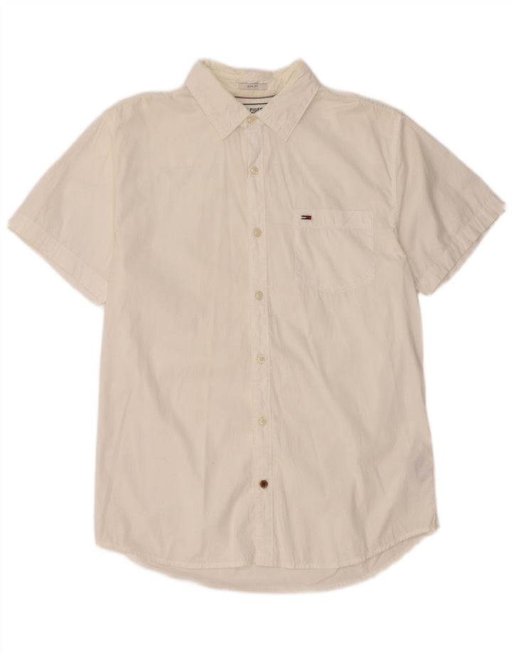 Tommy Hilfiger Herren Kurzarm-Slim-Fit-Hemd aus mittelweißer Baumwolle