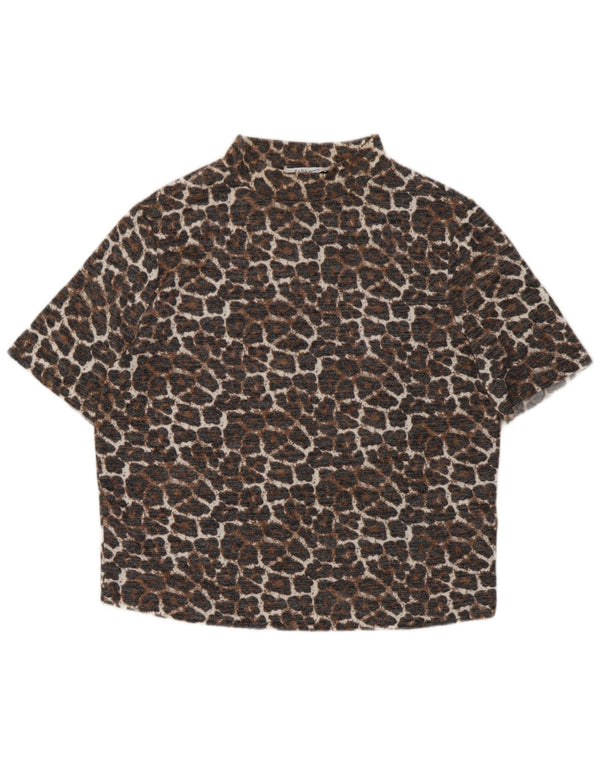 Zara Damen Trafaluc Crop Bluse Top UK 14 Large Beige Viskose mit Animal-Print