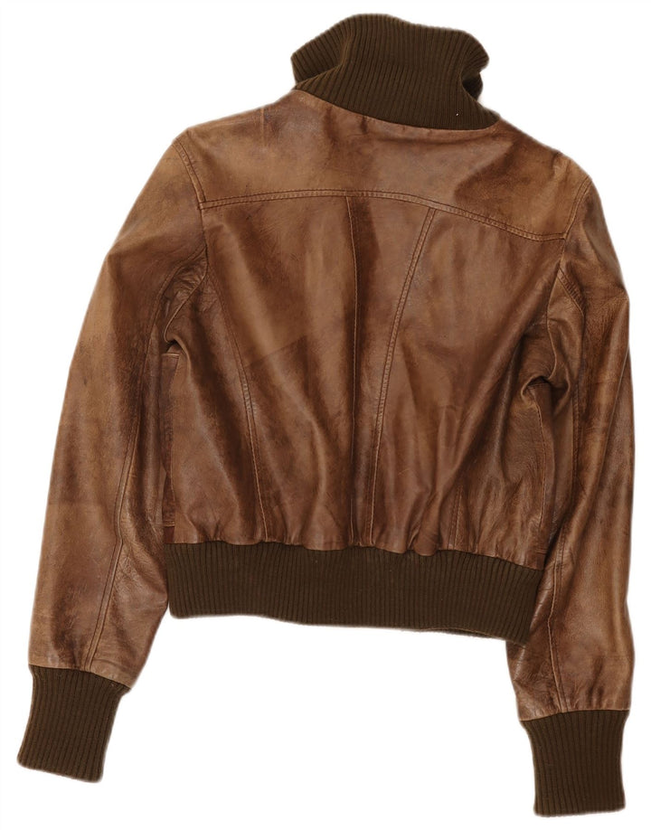 Oasis Damen Crop Lederjacke UK 16 Large Braun Colourblock