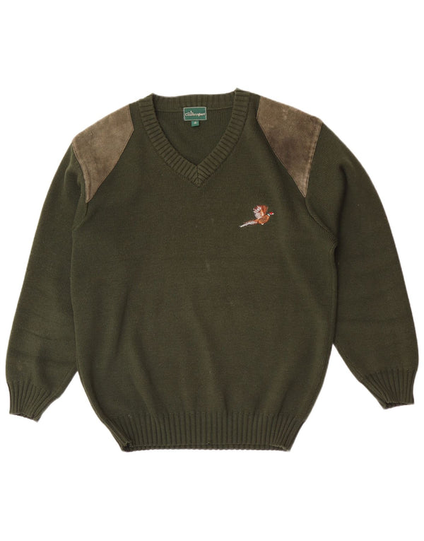 Country Mens Wear Pullover mit V-Ausschnitt, EU 40, mittelgrüne Colourblock-Wolle