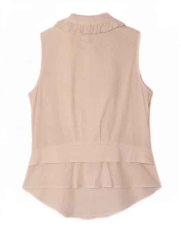 Zara Damen ärmellose Hemdbluse mit Rüschen vorne, UK 10, Größe S, weiße Baumwolle