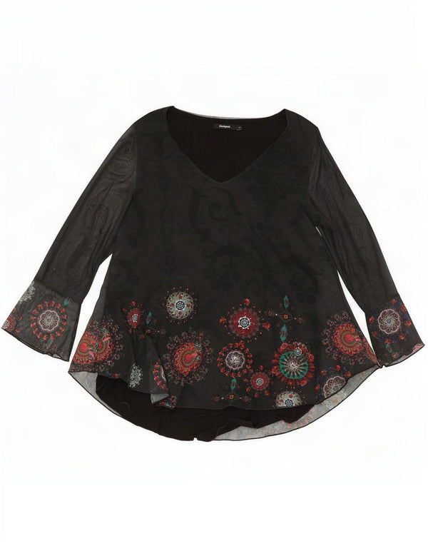 Desigual Damen Langarm-Tunika-Top UK 12 Mittelschwarzes Paisley-Polyester