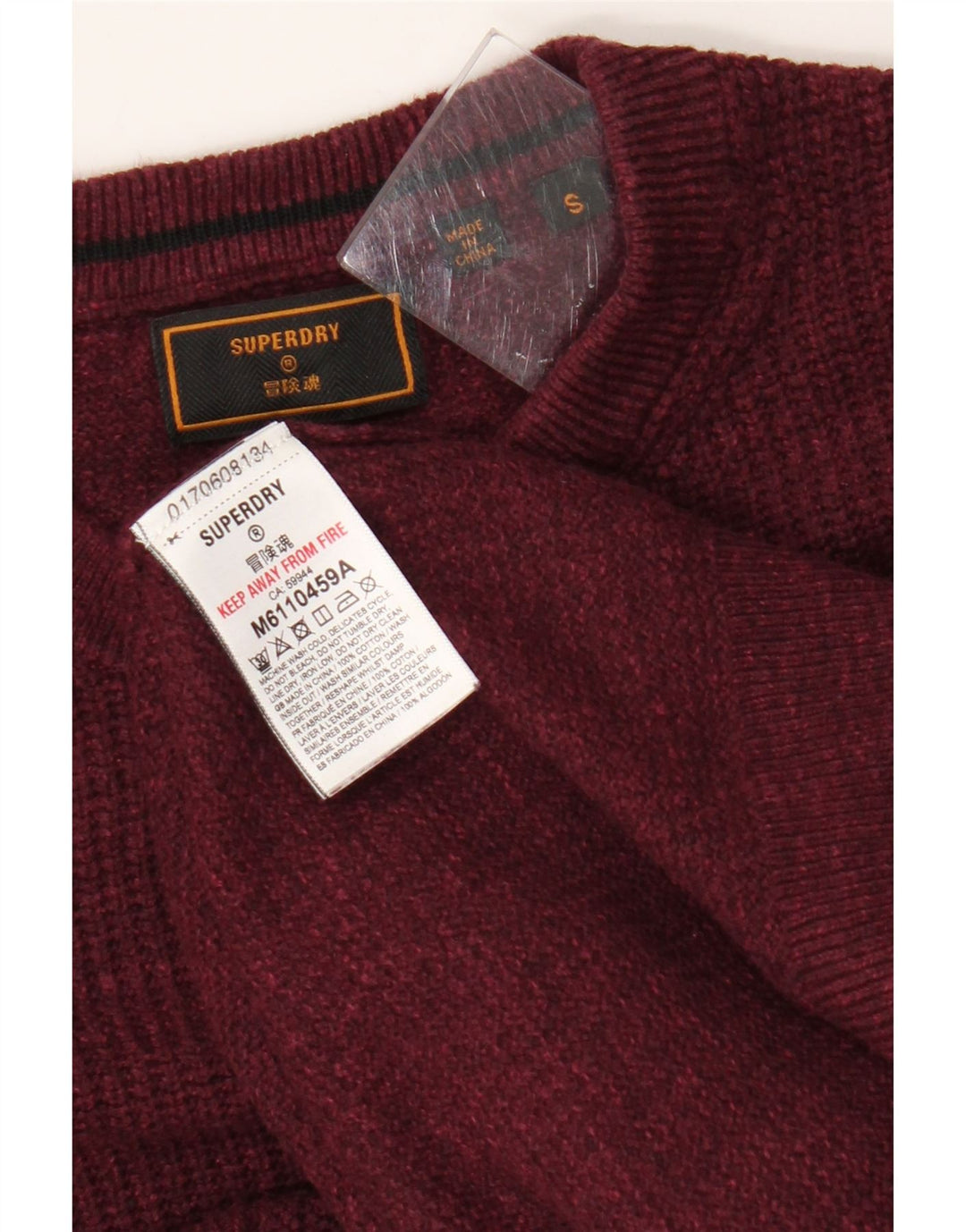 Superdry Herren-Pullover mit Rundhalsausschnitt, Größe S, Burgunderrot, Baumwolle