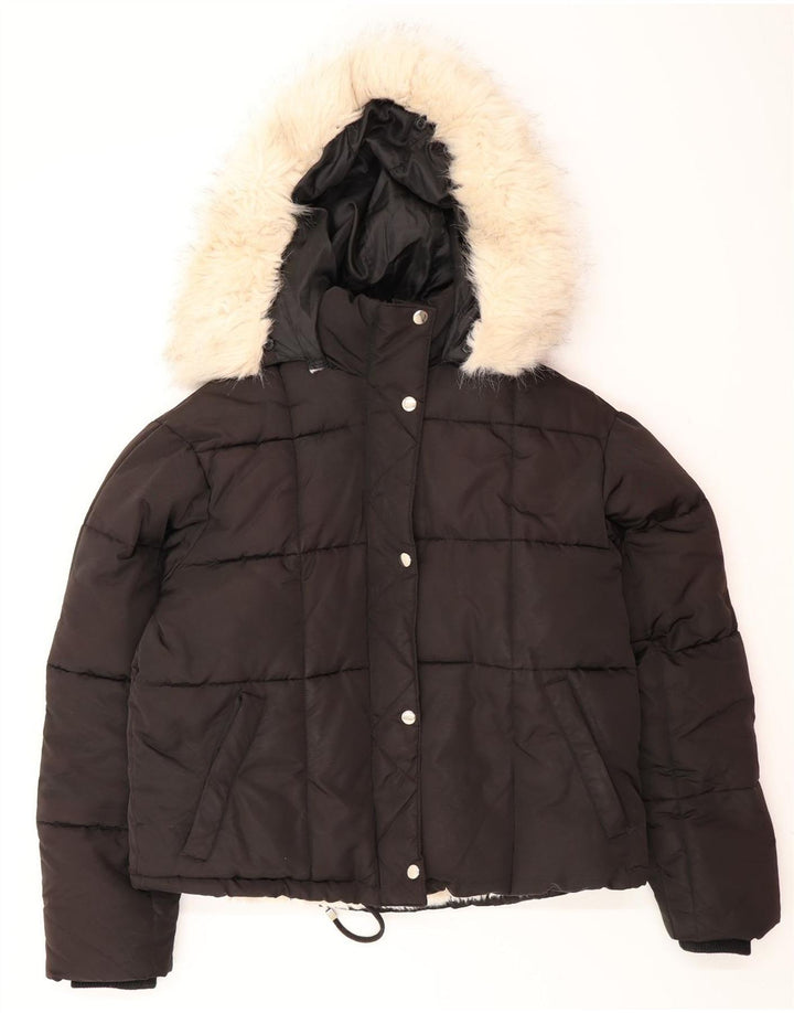 Topshop Damen-Kapuzen-Übergröße, gepolsterte Jacke, Größe S, Schwarz, Polyester