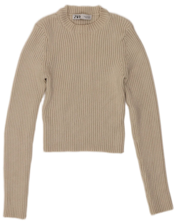 Zara Damen Crop Crew Neck Pullover Pullover UK 8 Small Beige Viskose