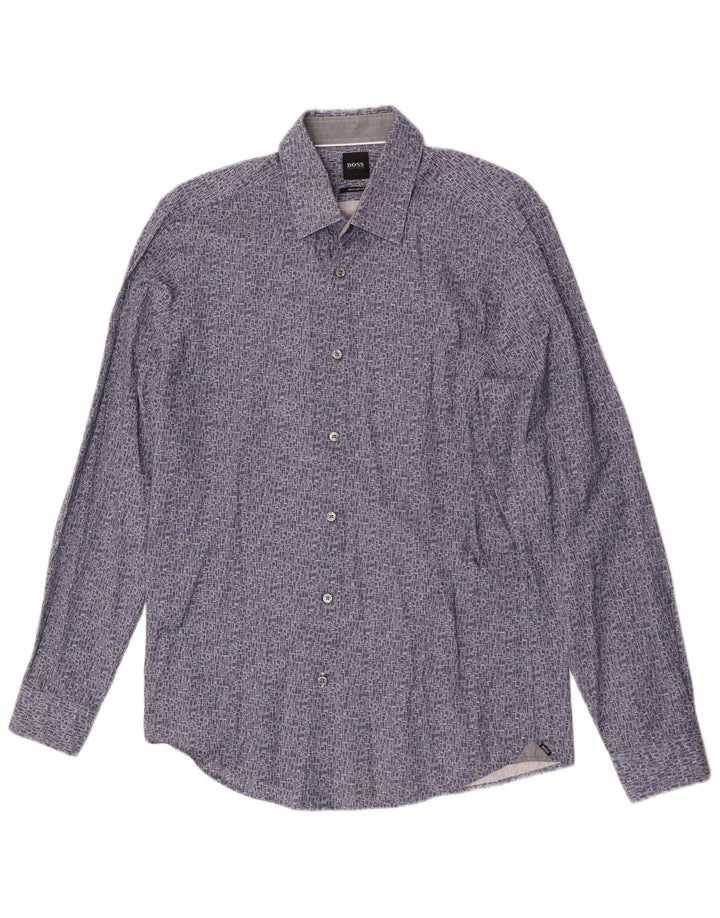 Hugo Boss Herren-Hemd mit normaler Passform, mittelblaue geometrische Baumwolle