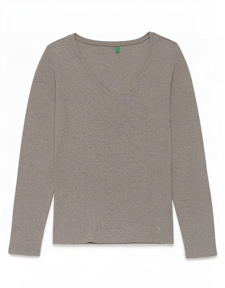Benetton Damen Top Langarm UK 12 Mittelgraue Baumwolle