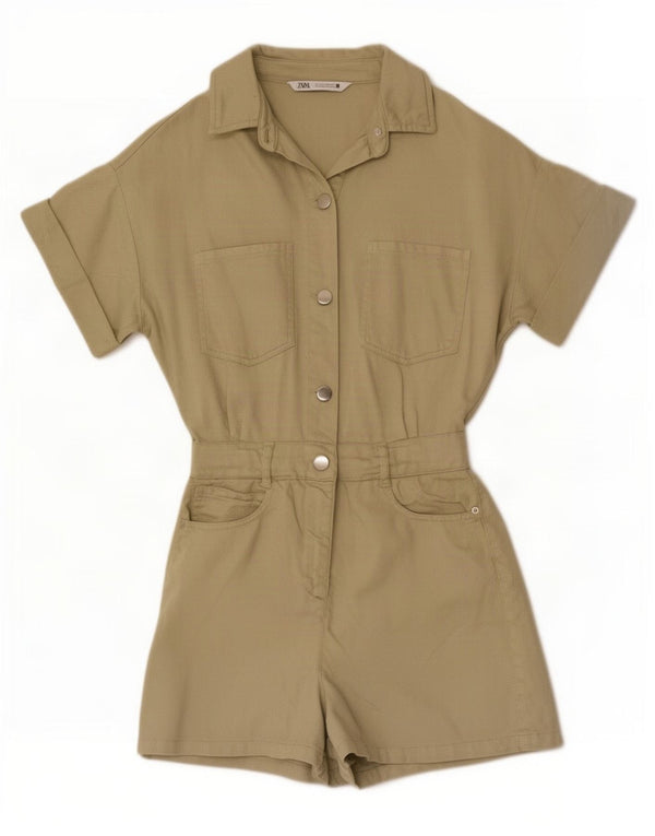 Zara Womens Loose Fit Playsuit UK 6 XS Khaki Baumwolle