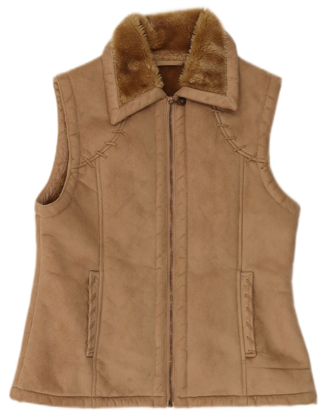 Vintage Damen Sherpa Gilet UK 12 Medium Beige