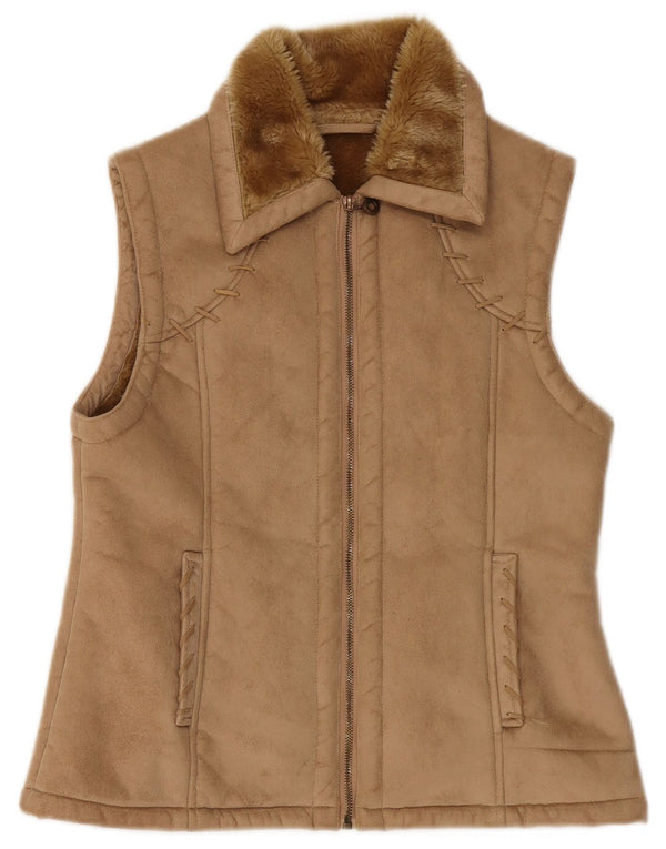 Vintage Damen Sherpa Gilet UK 12 Medium Beige