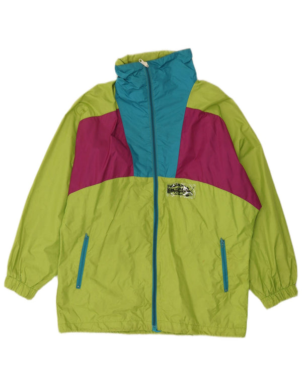 Vintage Damen Regenjacke mit Kapuze UK 16 Großes grünes Colourblock-Polyamid