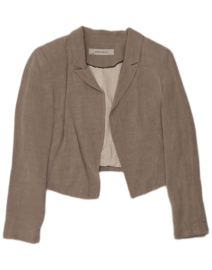 Zara Damen Open Crop Blazer Jacke UK 12 Mittelgraue Baumwolle