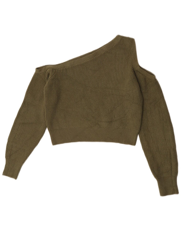 Zara Damen Crop One Shoulder U-Boot-Ausschnitt Pullover UK 12 Medium Khaki