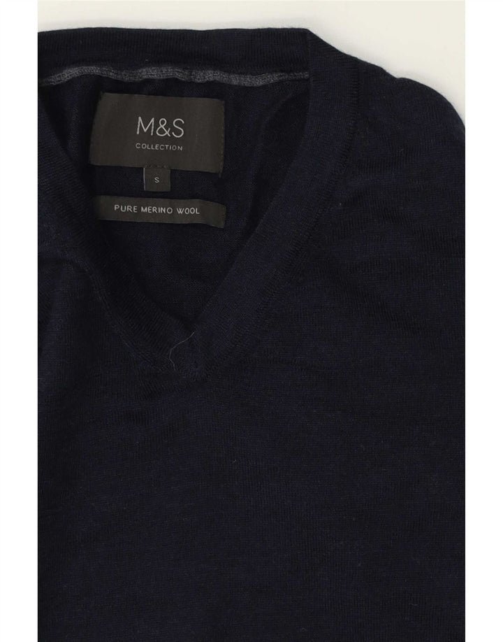 Marks & Spencer Herren-Pullover mit V-Ausschnitt, Größe S, marineblaue Merinowolle