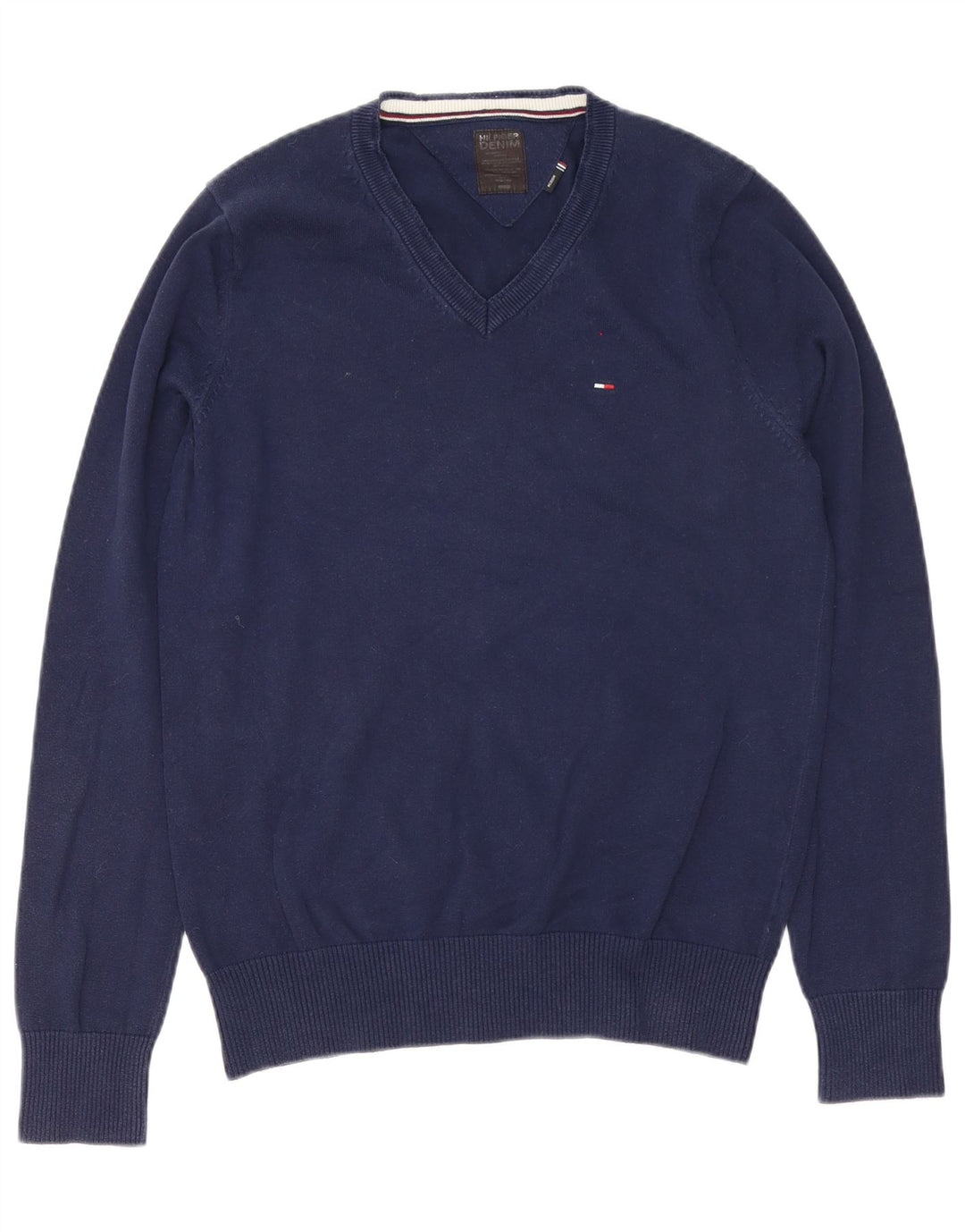 Tommy Hilfiger Herren-Pullover mit V-Ausschnitt, mittelmarineblaue Baumwolle