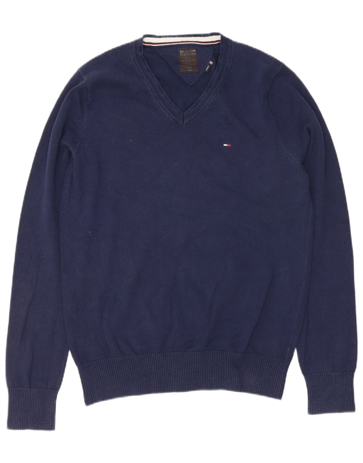 Tommy Hilfiger Herren-Pullover mit V-Ausschnitt, mittelmarineblaue Baumwolle