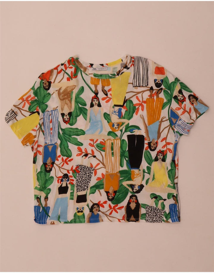 Zara Damen Crop Graphic T-Shirt Top UK 14 Medium Mehrfarbige Baumwolle
