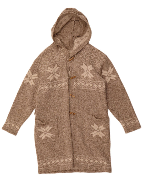 Vintage Damen Longline Kapuzen-Cardigan-Pullover UK 16 Large Grey Fair Isle