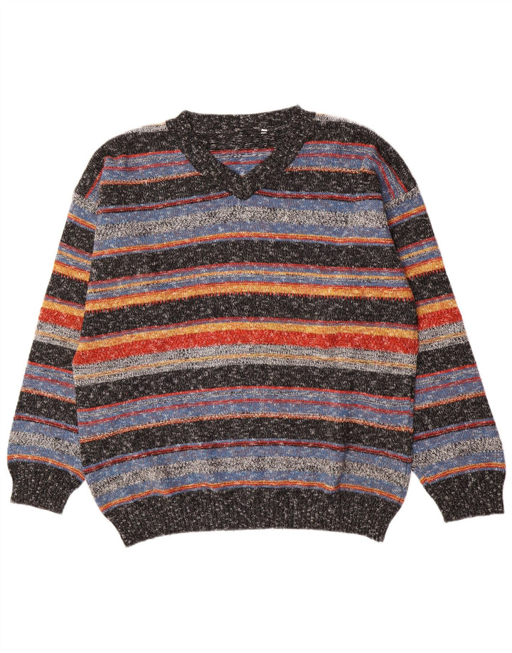 Vintage Herren Pullover mit V-Ausschnitt, groß, mehrfarbig, gestreift, Acryl
