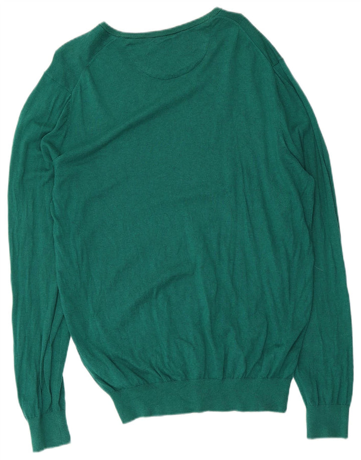 Massimo Dutti Herren-Pullover mit V-Ausschnitt, groß, grüne Baumwolle