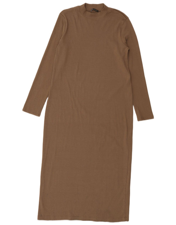 Zara Damen Langarm-Maxikleid UK 14 Large Braun Baumwolle