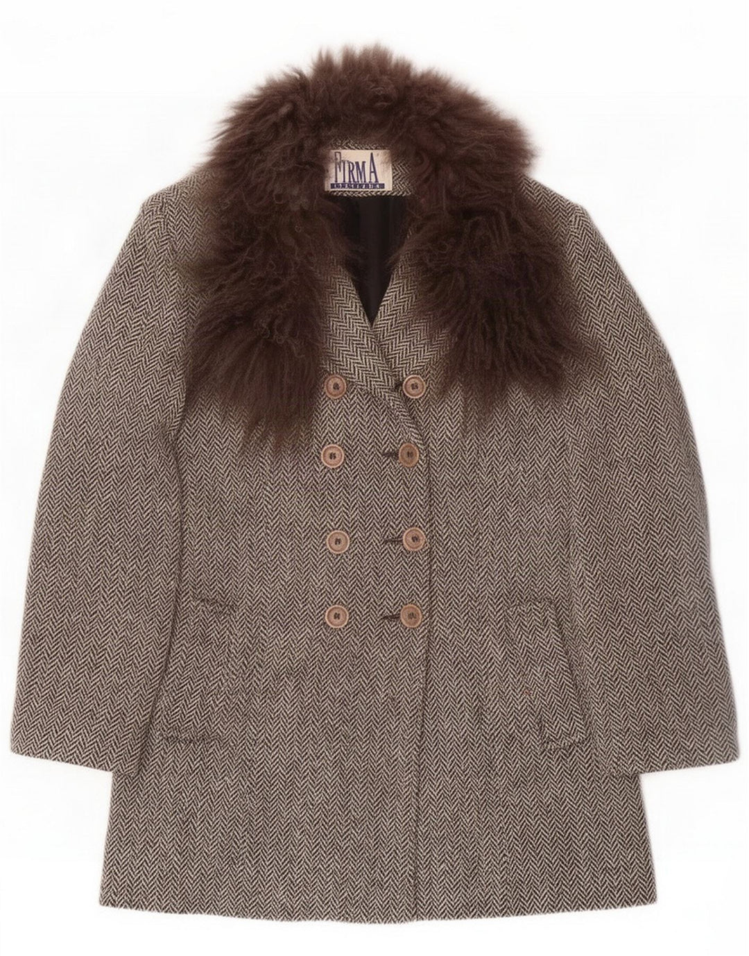 FIRMA Damen Zweireihiger Mantel UK 10 Small Graue Wolle mit Fischgrätenmuster