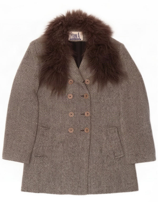 FIRMA Damen Zweireihiger Mantel UK 10 Small Graue Wolle mit Fischgrätenmuster