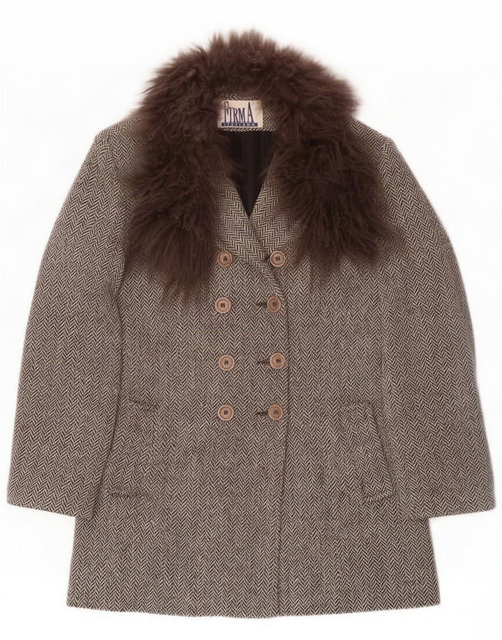 FIRMA Damen Zweireihiger Mantel UK 10 Small Graue Wolle mit Fischgrätenmuster