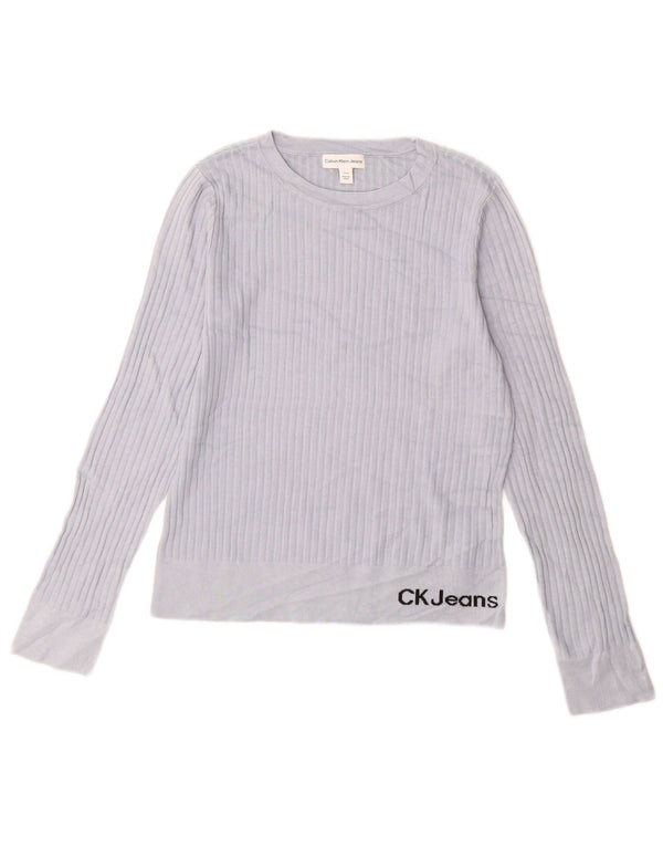 Calvin Klein Jeans Damen-Pullover mit grafischem U-Boot-Ausschnitt, Gr. 10, klein, Blau