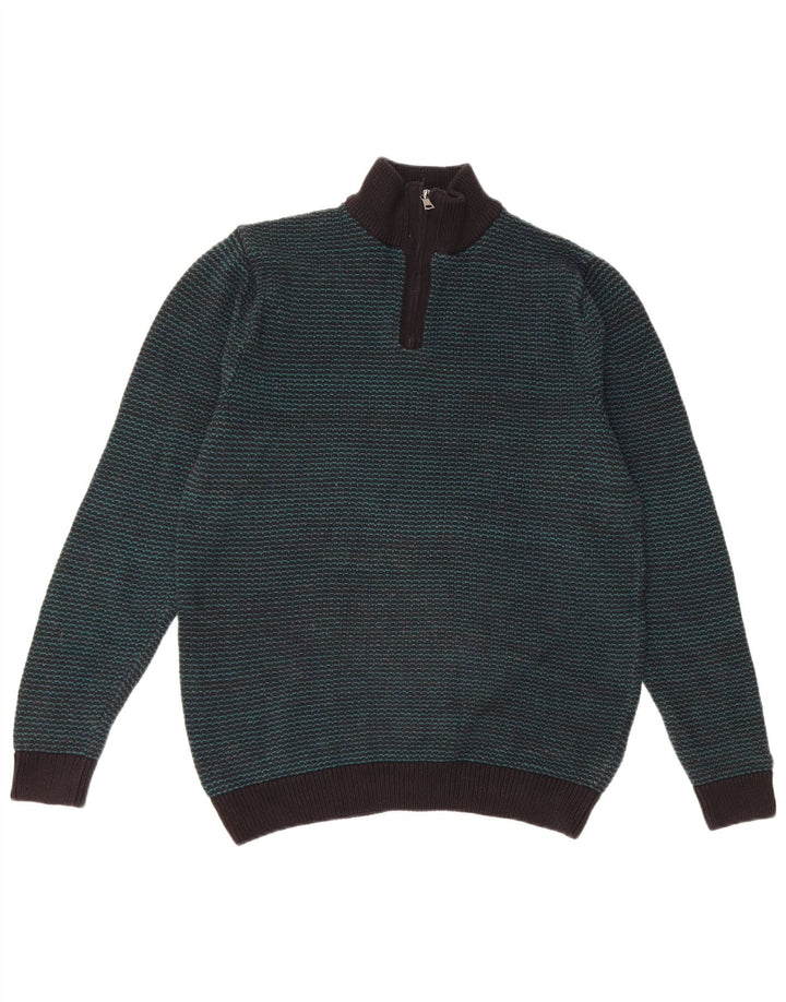 Marks & Spencer Herren-Pullover mit Reißverschluss am Hals, mittelgrün gestreifte Baumwolle