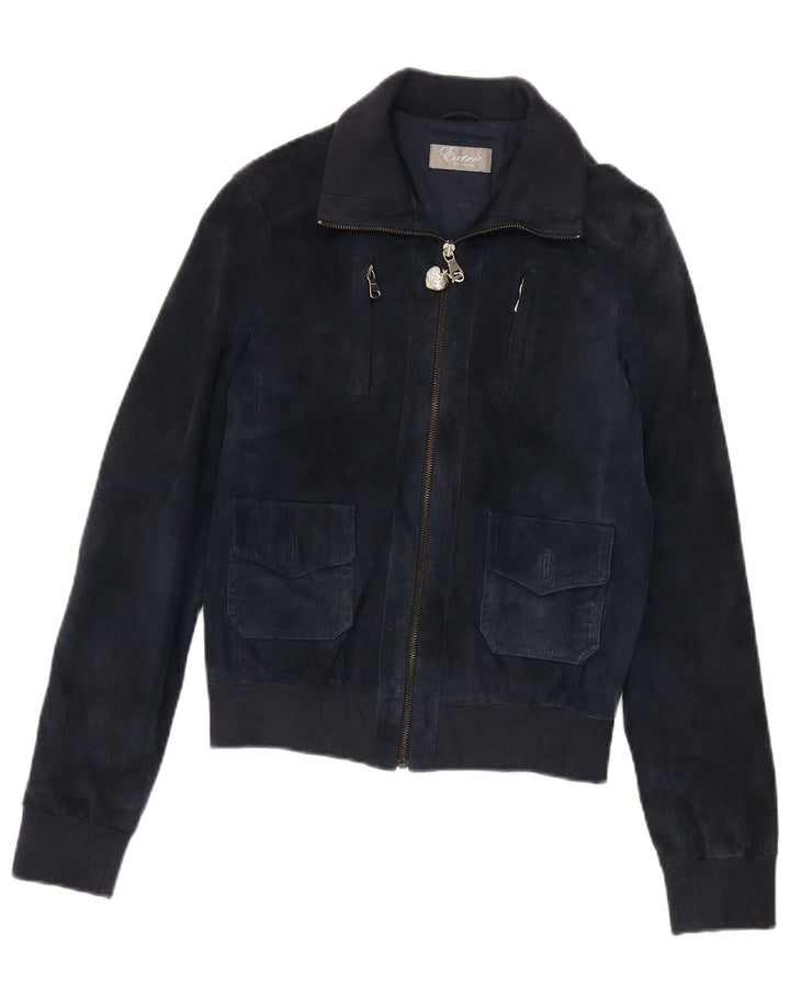 Vintage Damen Wildleder Bomberjacke UK 12 Medium Marineblaues Leder