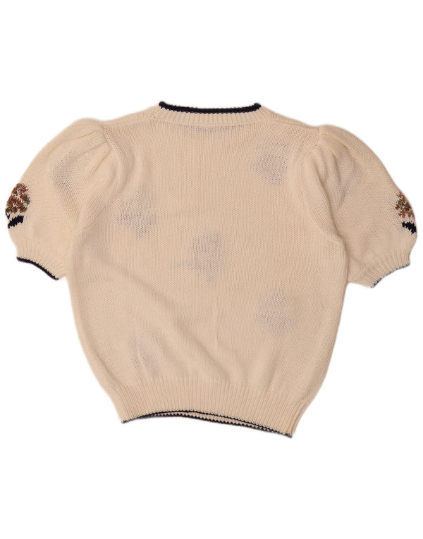 Vintage Damen Kurzärmeliger Pullover mit Rundhalsausschnitt UK 20 2XL Weiß geblümt