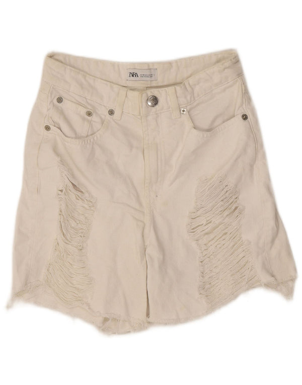 Zara Damen Distressed Denim Shorts EU 36 XS W26 Weiße Baumwolle