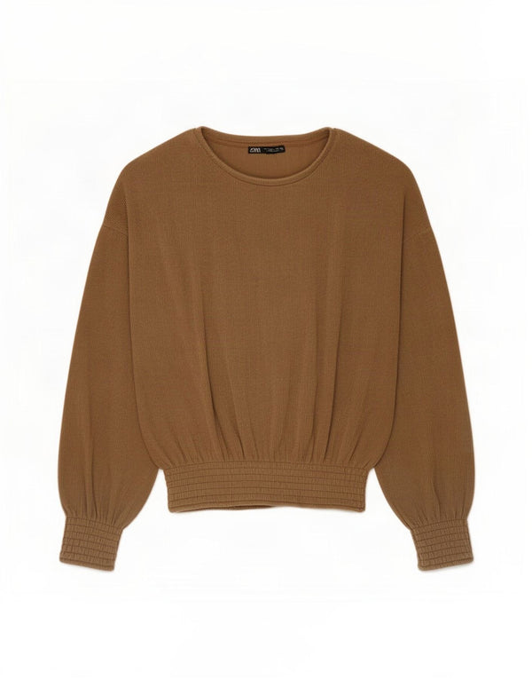 Zara Damen Übergroßes Top Langarm UK 10 Small Braun Polyester