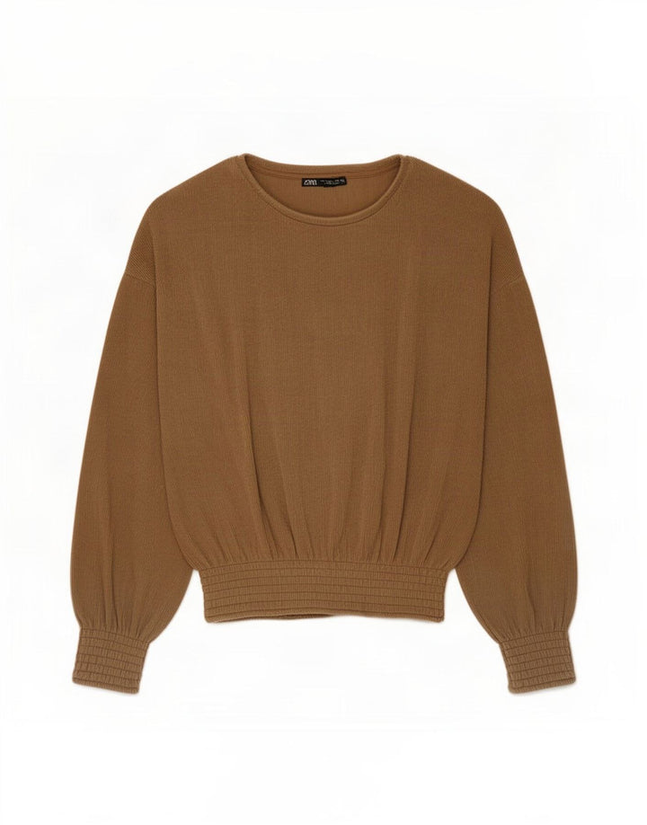 Zara Damen Übergroßes Top Langarm UK 10 Small Braun Polyester