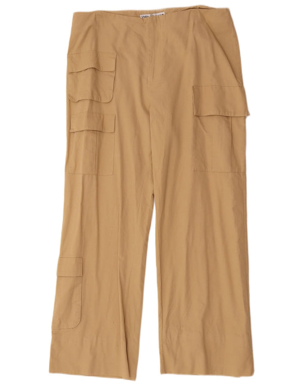 Zara Damen-Cargohose mit hoher Taille und weitem Bein, Größe L, W30, L28, Beige, Baumwolle
