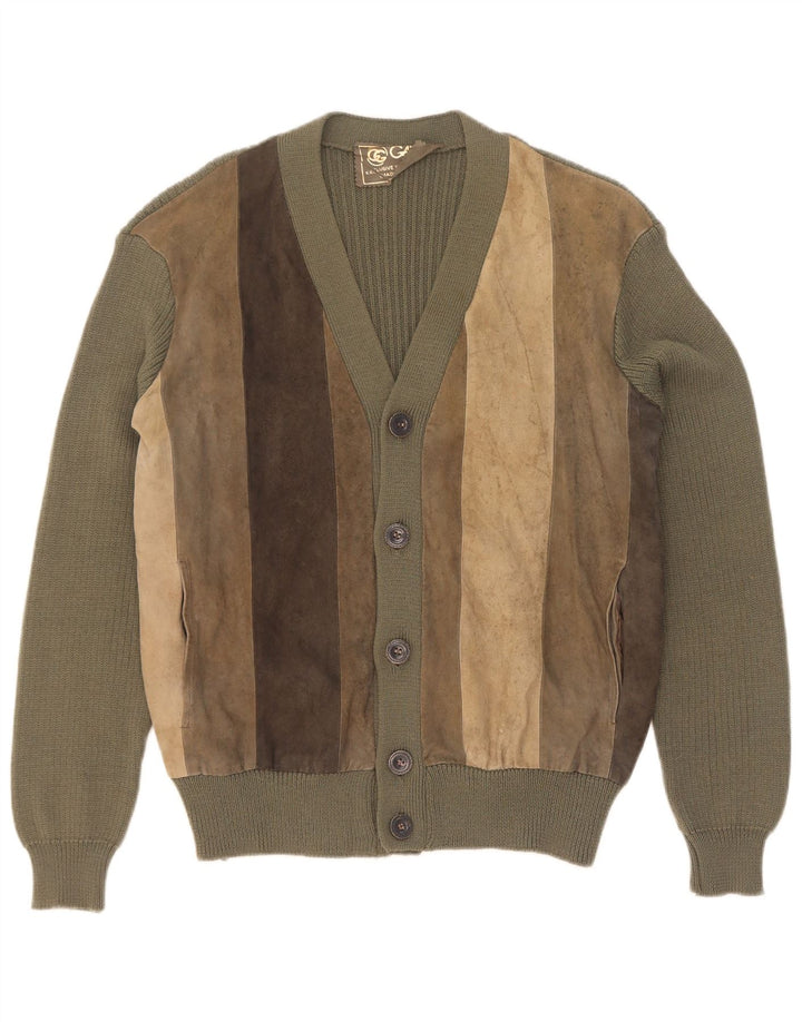Vintage Herren Wildleder Cardigan Pullover IT 50 Medium Khaki Colourblock Wolle
