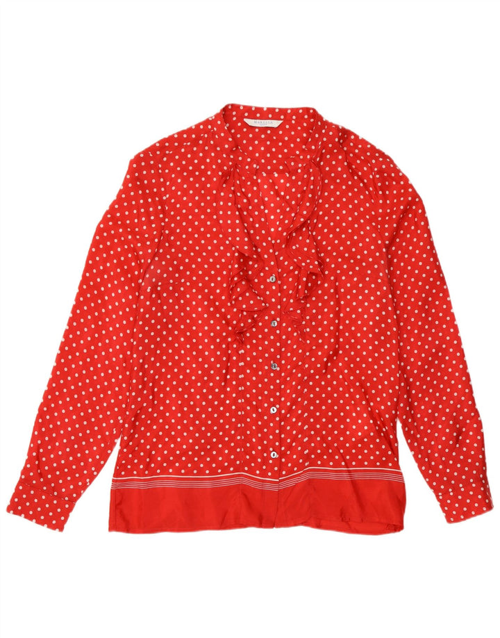 Marella Damen-Hemdbluse mit Rüschen vorne, UK 10, kleine rote gepunktete Seide