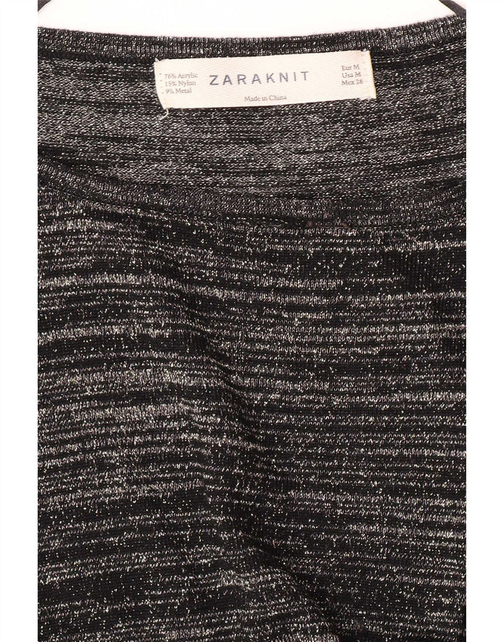 Zara Damen Top Langarm UK 12 Medium Schwarz Gestreiftes Acryl