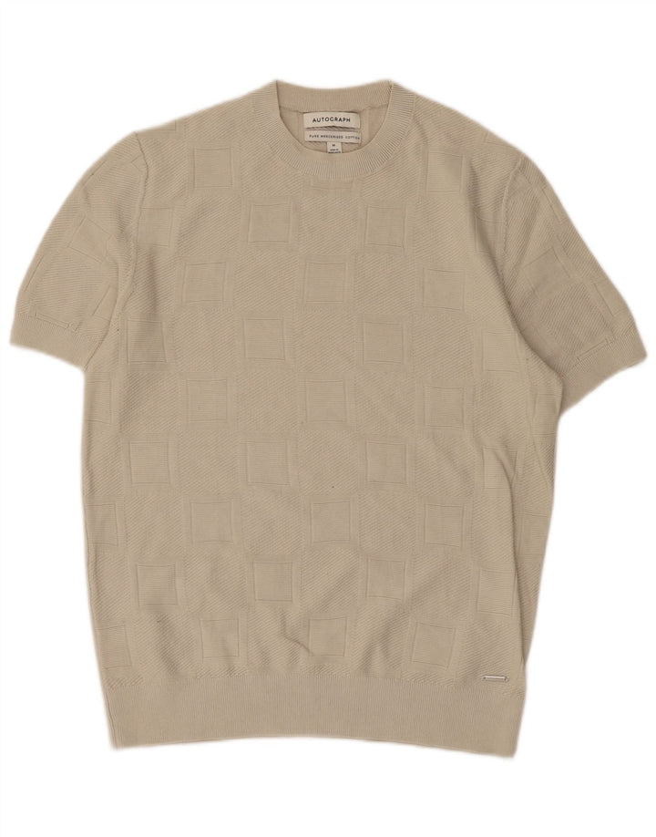Autograph Herren-Pullover, kurzärmelig, Rundhalsausschnitt, mittelbeige Baumwolle