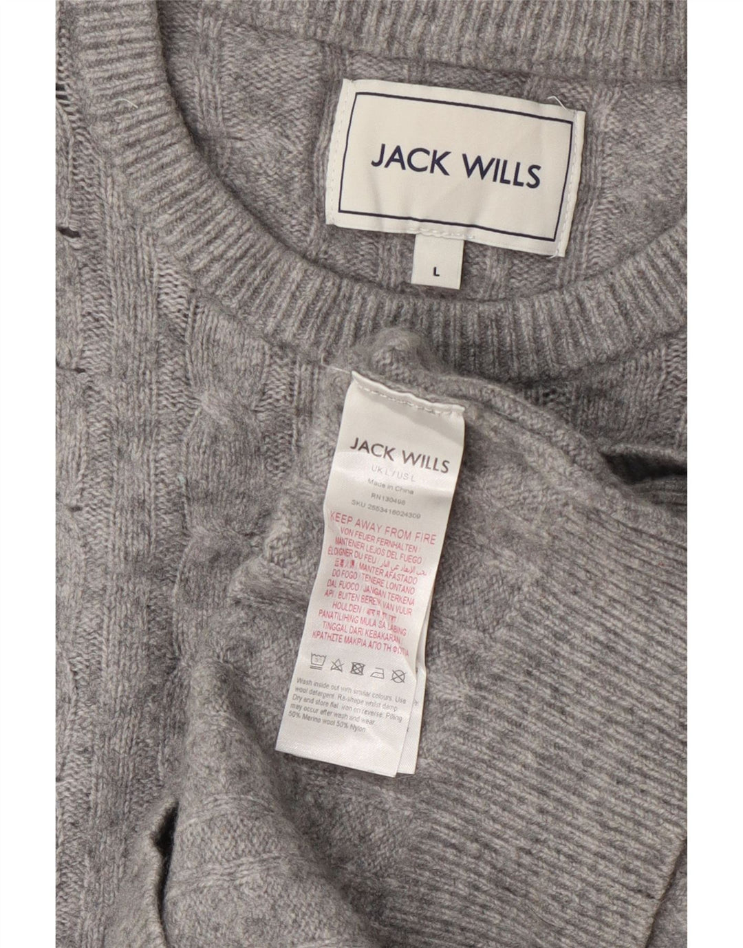 Jack Wills Damen-Pullover mit Rundhalsausschnitt, UK-Gr. 14, Größe L, graue Wolle