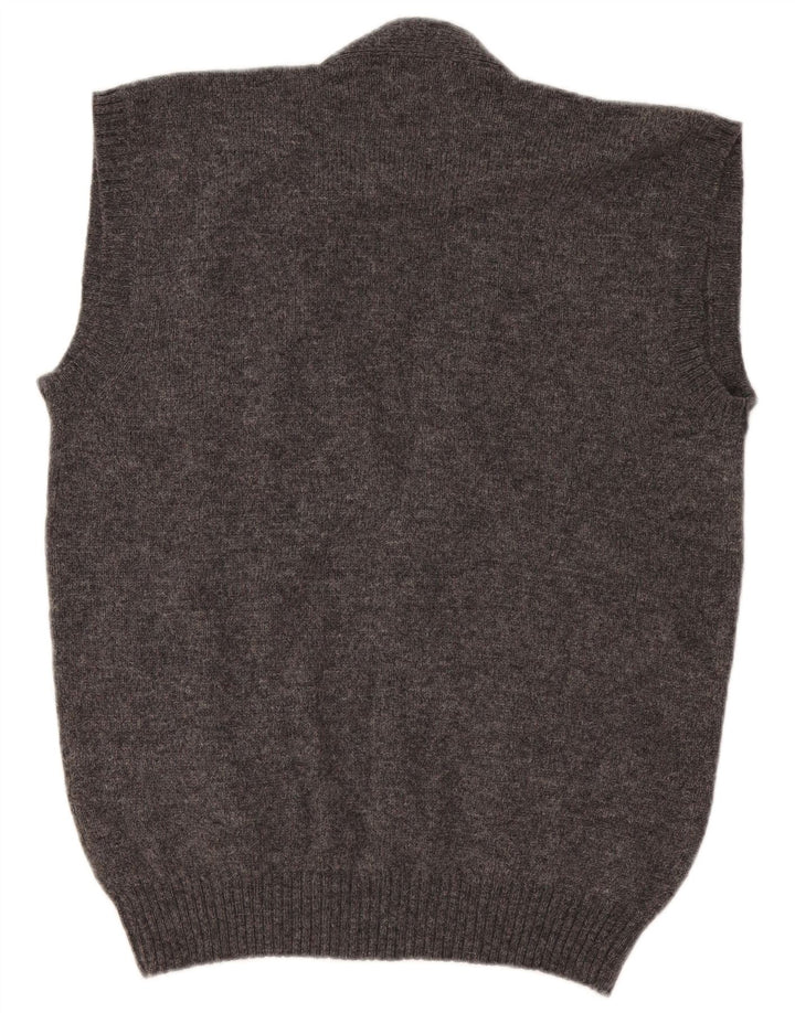 Ärmelloser Herren-Cardigan mit grünen Blättern aus mittelgrauer Wolle
