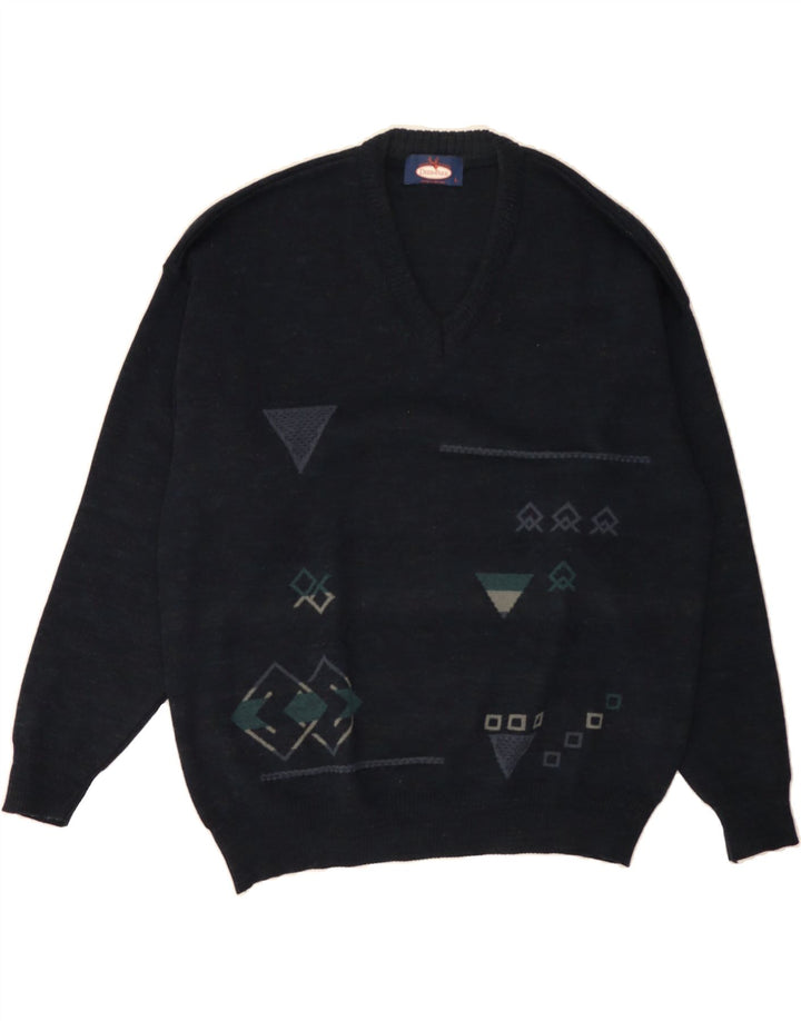 DEER PARK Mens V-Neck Jumper Sweater Large Navy Blue Geometric Wool Vintage Deer Park and Second-Hand Deer Park from Messina Hembry 