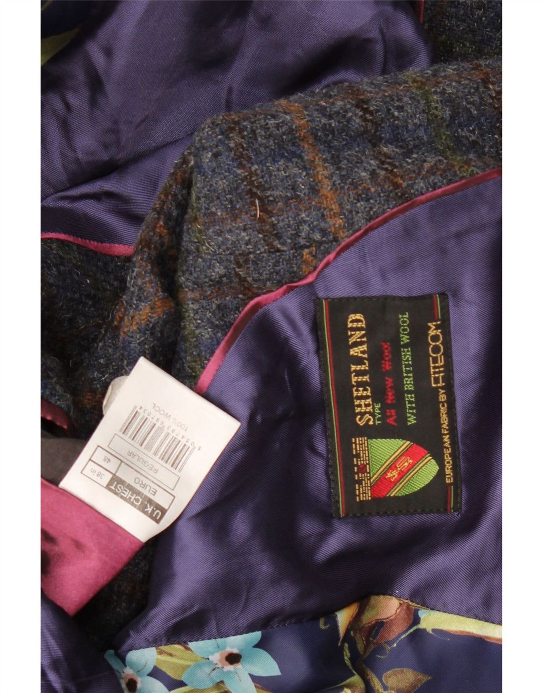 VINTAGE Herren-Blazer mit 2 Knöpfen, UK 38, mittelmarineblau karierte Wolle