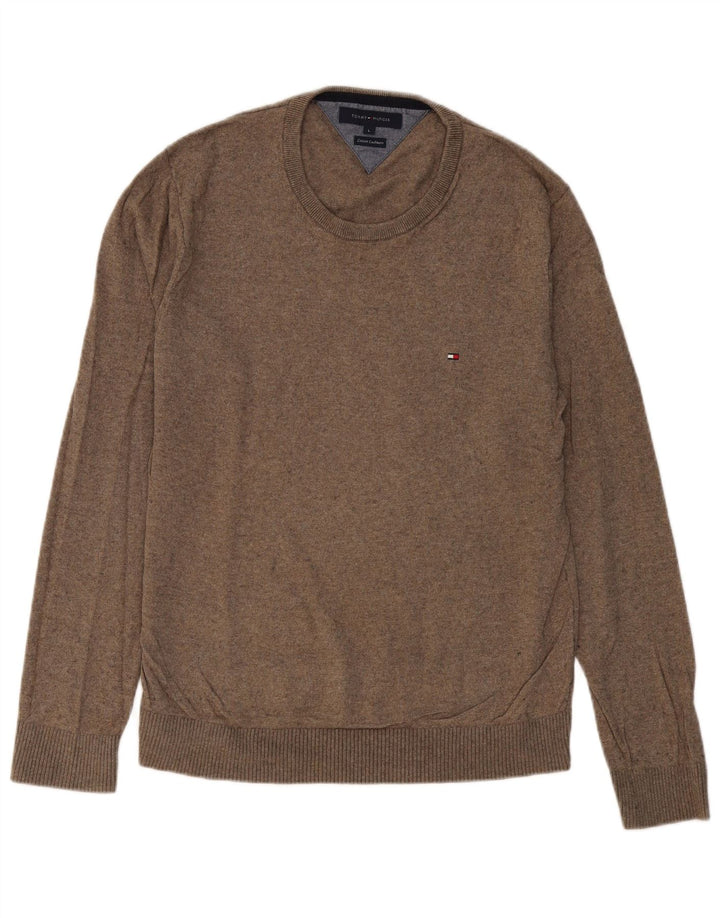 TOMMY HILFIGER Herren-Pullover mit Rundhalsausschnitt, groß, braune Baumwolle