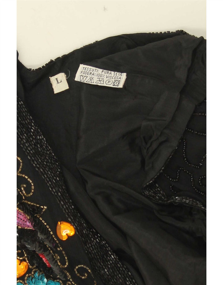 Vintage Damen Abendblazer Jacke UK 16 Große schwarze geblümte Seide