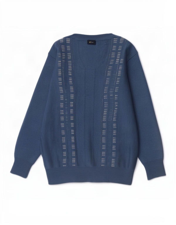 Gabicci Mens V-Neck Jumper Sweater Medium Blue Geometric Wool