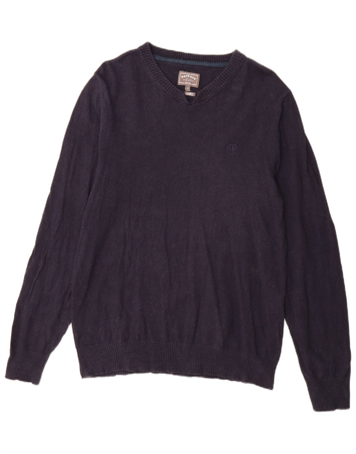 Fat Face Herren-Pullover mit V-Ausschnitt aus mittelblauer Baumwolle