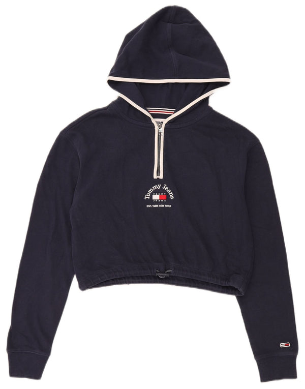 Tommy Hilfiger Damen Crop Graphic Hoodie Pullover UK 6 XS Marineblau Baumwolle